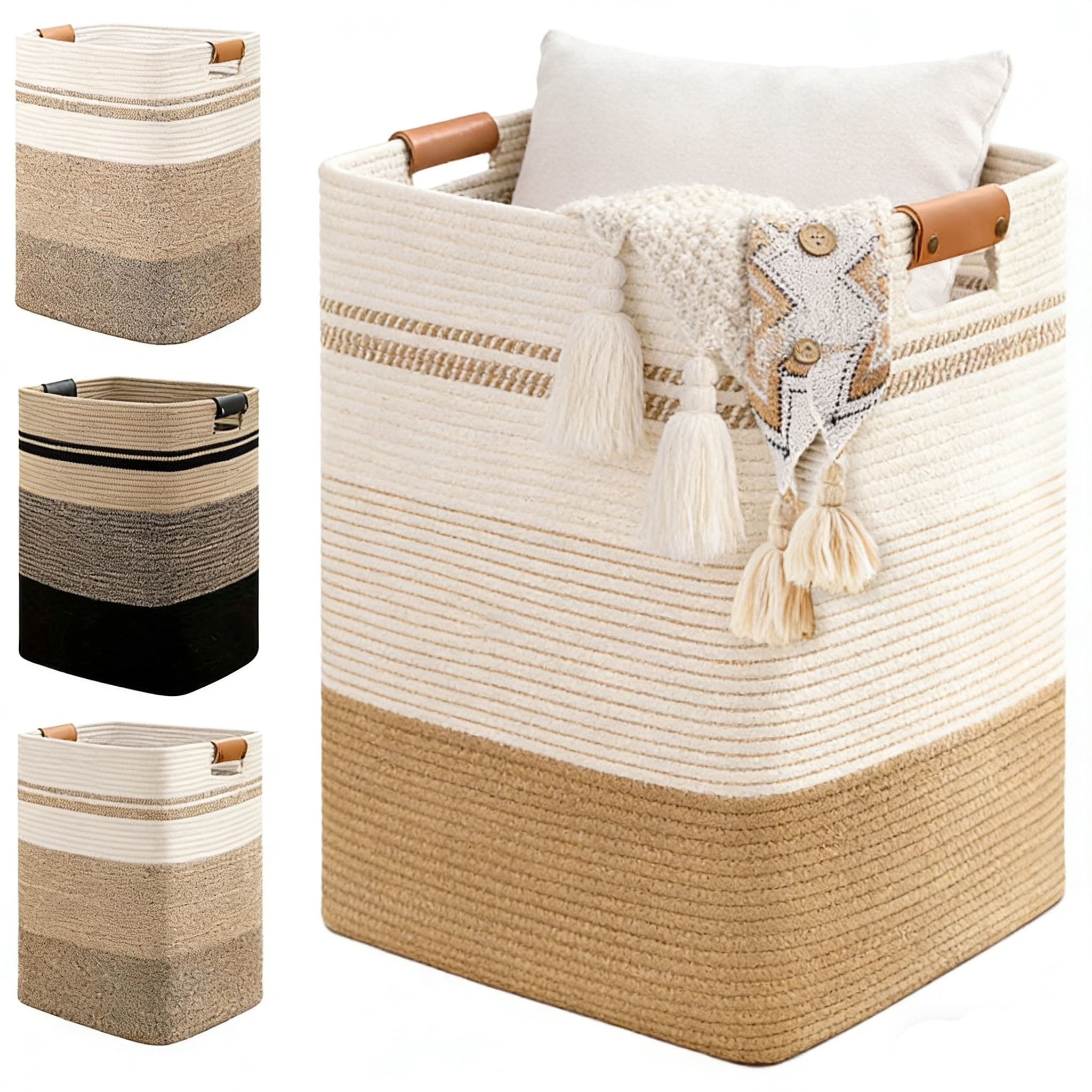 88L Tall Large  Laundry Basket with Leather Handles, ,Collapsible Laundry Hamper,Woven Laundry Baskets and Storage Hampers for Decorative Storage of Dirty Clothes, Toys, and Blankets