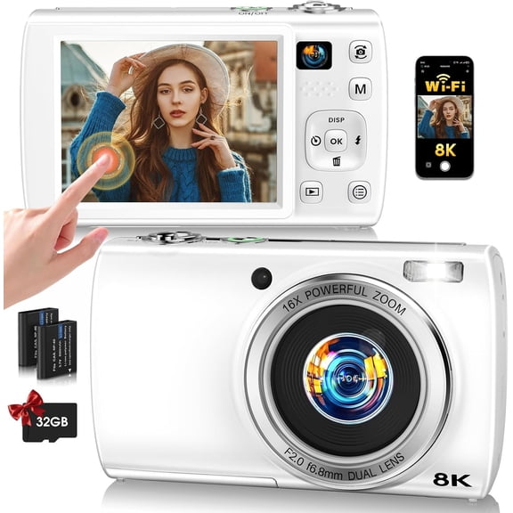 88MP Digital Camera for Photography, 2026 WiFi 8K Vlog Video Camera for YouTube with Screen, Lens, Autofocus Anti-Shake, 16X Zoom, Small Travel Camera, 32GB TF Card, 2 , White