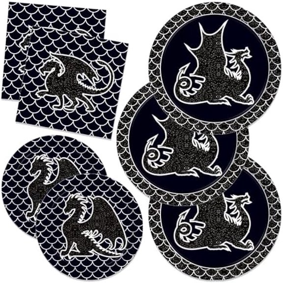 88PCS Black Dragon Birthday Paper Napkins Plates Black Animal Disposable Tableware Set Party Supplies Tissue Dragon Theme Dinnerware Cutlery Sets Serves 24 Guests$$Home Decor, Kitchen, & Other