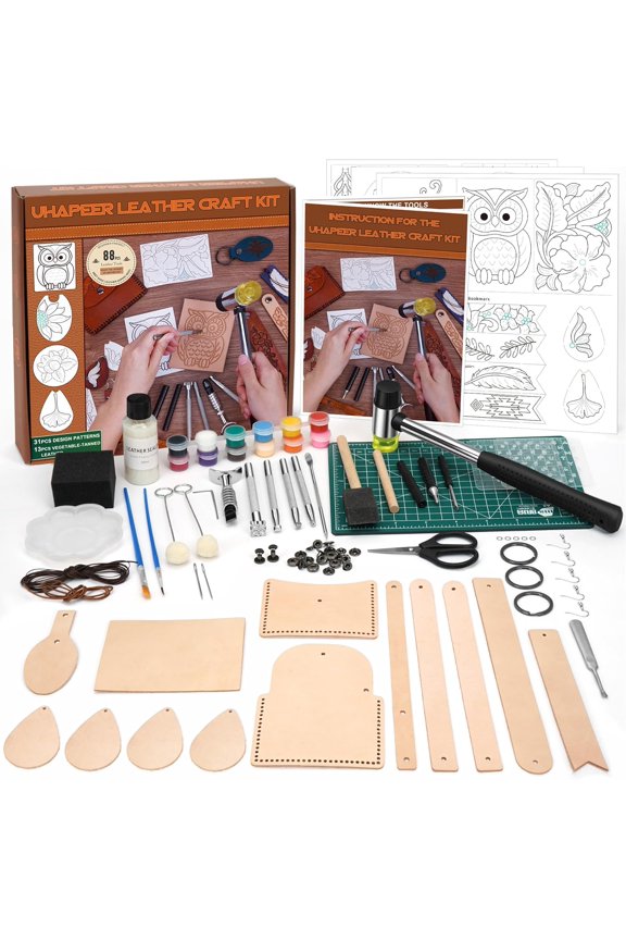 88PCS Leather Crafting Kit: Leather Working Tools and Supplies for Adult, with Stamping Dyeing Carving Tools, Video Tutorial for Beginners to DIY Earring Wallet Keychain Wristband