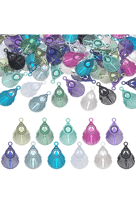 88Pcs 11 Colors Teardrop Leaf Filigree Charms 430 Stainless Steel Hollow Charms Leaf Filigree Pendants Leaves Pendants Charm