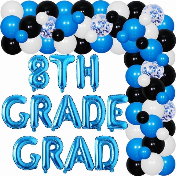 88Pcs Blue Blue Graduation Decoration - 8th Grade Graduation Balloon Arch Garland Kit Printed Balloon Golden Confetti Balloon 8th Grade Grad Foil Balloon Graduation for 2024 8th Grade Graduation Party