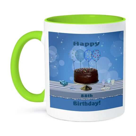 3dRose, 88th Birthday Party with Chocolate Cake and Blue Balloons, 11oz Two-Tone Green Mug