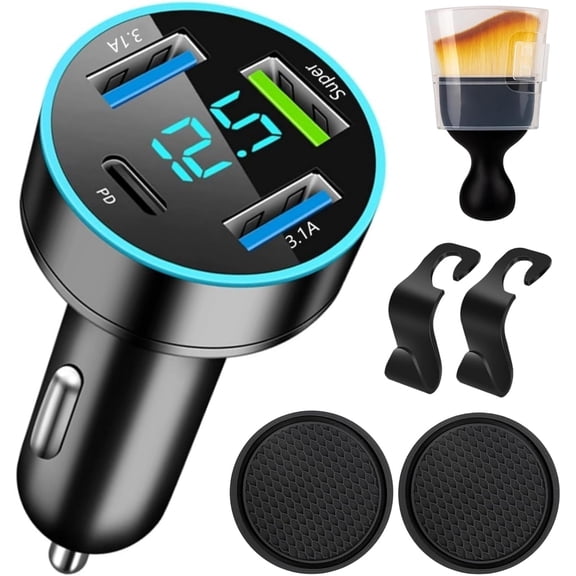 88W Car Charger Super Fast Charging Cigarette Lighter USB Phone Accessories Charger Voltmeter Adapter with QC USB c Type c PD Universal Quick Charge Multi 4 Port for 12-24v Car Cigarette Lighter Plug