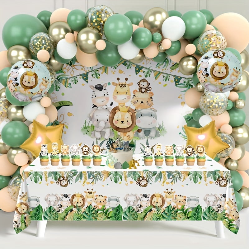 88pcs, Jungle Animals Shower Decorations Set, Safari Balloons Garland Arch Kit & Backdrop & Table Cloth, Wild One Birthday Supplies, Shower Decoration Birthday Set Party Supplies