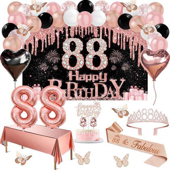 88th Birthday Decorations for Women, 49pcs Black Rose Gold Black Happy 88th Birthday Banner, Tablecloth, Butterfly Decor, Sash and Tiara, Cake Topper, Candles, Balloons Arch A101