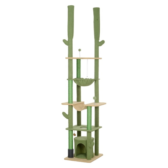89-100" Cat Tree Floor to Ceiling, Cat Climbing Tower Condo, Hammock, Scratching Posts, Green
