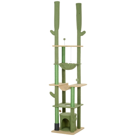 89-100 Inch Floor to Ceiling Cat Tree with Grooming Brush Post Cat Condo Hammock Green
