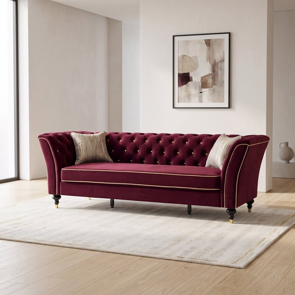 89.5" Velvet Chesterfield Tufted Sofa with Rolled Arms and Gold Accents, Burgundy