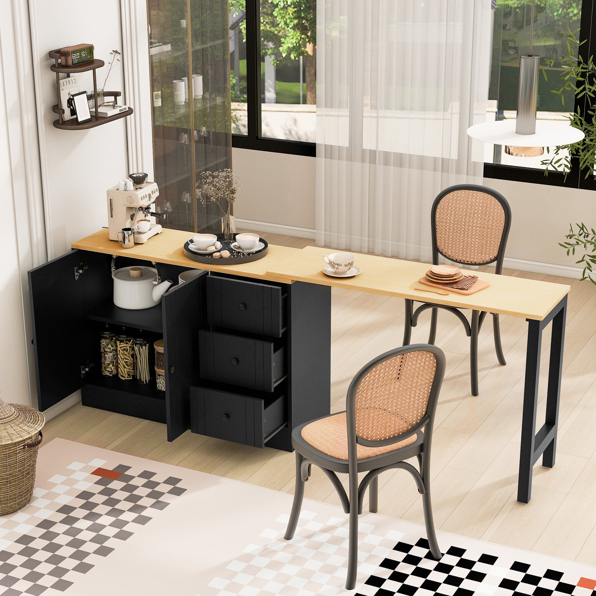 89.7" Wooden Sideboard with Extendable Table, Multifunctional Storage Cabinet with 2 Doors and 3 Drawers, for Living Room, Study, Foyer and Kitchen