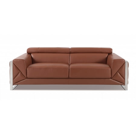 89" Camel Brown and Chrome Genuine Leather Standard Sofa