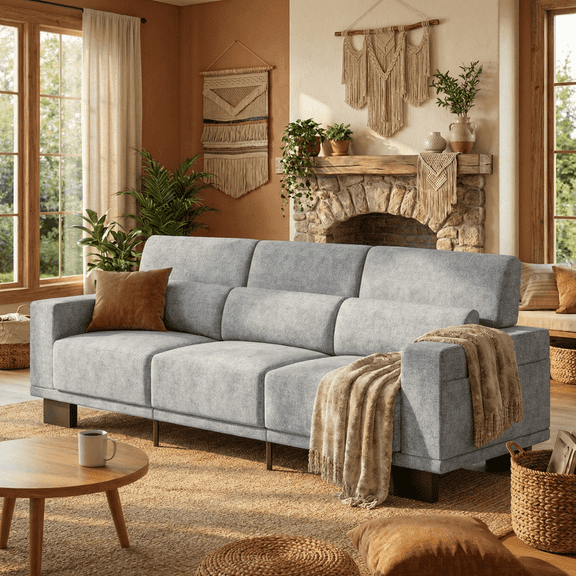 89”Chenille Upholstered 3-Seat Couch, Stylish Modern Design with Broad Armrests & Thick Cushions, Perfect for Home, Apartment & Living Area,Light Grey