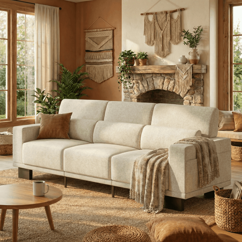 89”Chenille Upholstered 3-Seat Couch, Stylish Modern Design with Broad Armrests & Thick Cushions, Perfect for Home, Apartment & Living Area, Beige