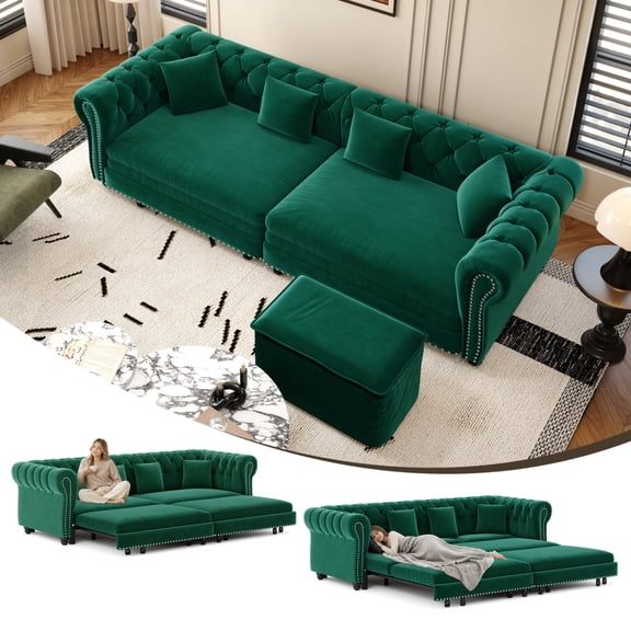 89" Chesterfield Sleeper Sofa, King Pull-Out Bed, Movable Ottoman, Velvet.Green