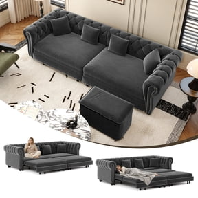 89" Chesterfield Sleeper Sofa, King Size Pull-Out Bed & Movable Ottoman, Velvet,Grey