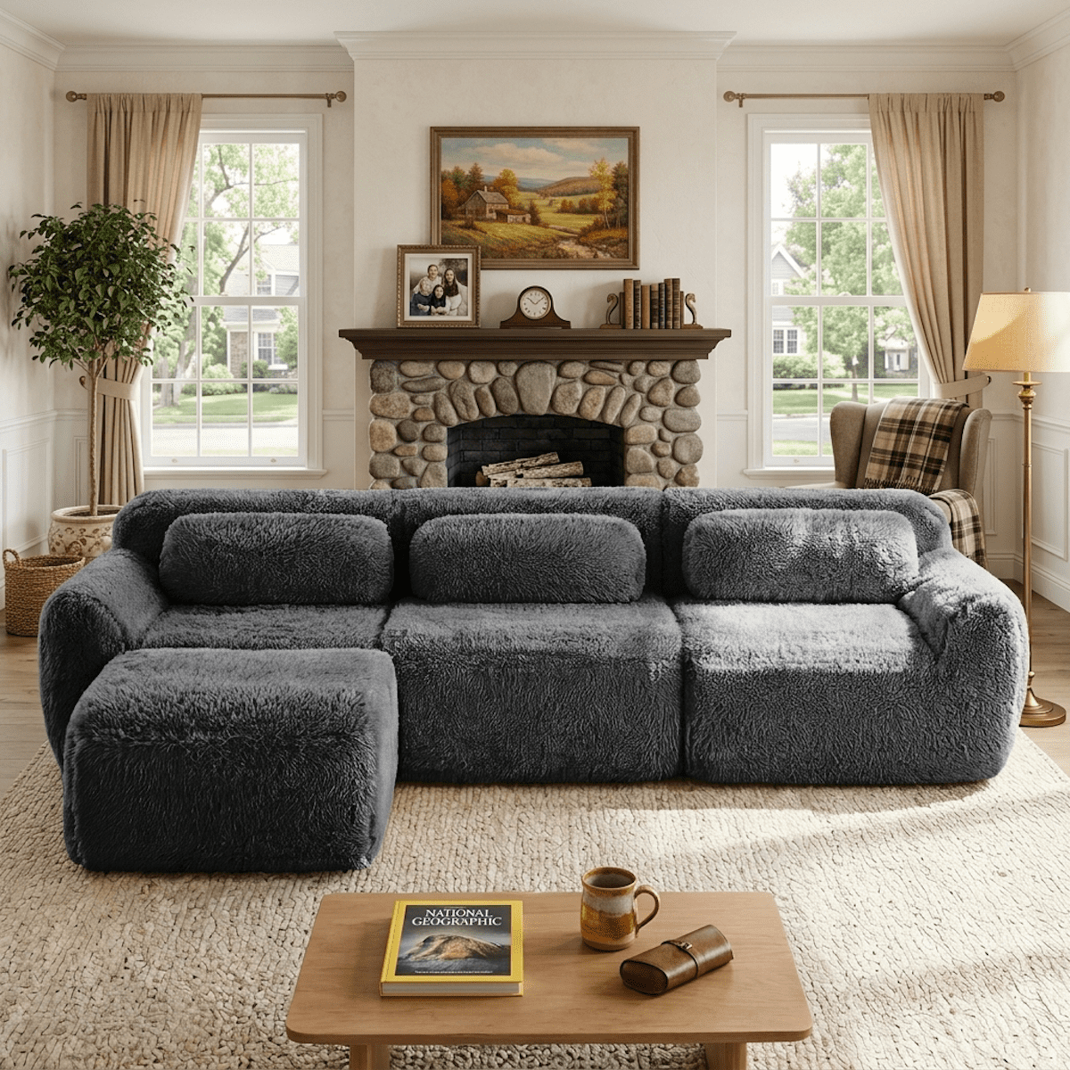 Xiweot 115" L Shaped Sectional Sofa, Boneless Compression Cloud Couch with Ottoman, Modular High Density Foam Sofa, Fluffy Faux Fur Deep Seat Couch, No Assembly Living Room Furniture for Apartment