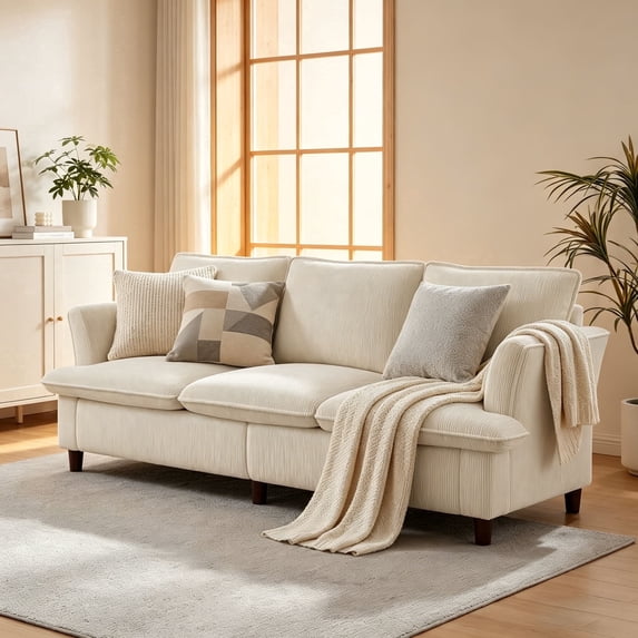 89" Corduroy Sofa Couch, 3-Seater Deep Seat Sofa, Modern Upholstered Couch for Living Room, Bedroom, Apartment,Begie
