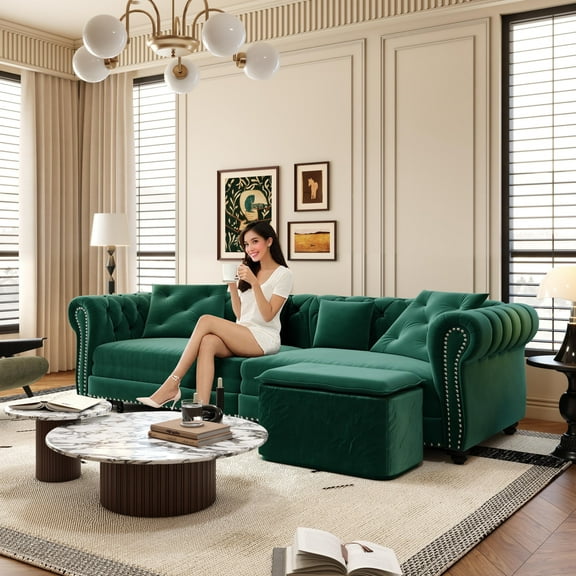 Classic Button Tufted Roller Armrest and Convertible Sleeper Chesterfield Sofa with Ottoman and 4 Pillows