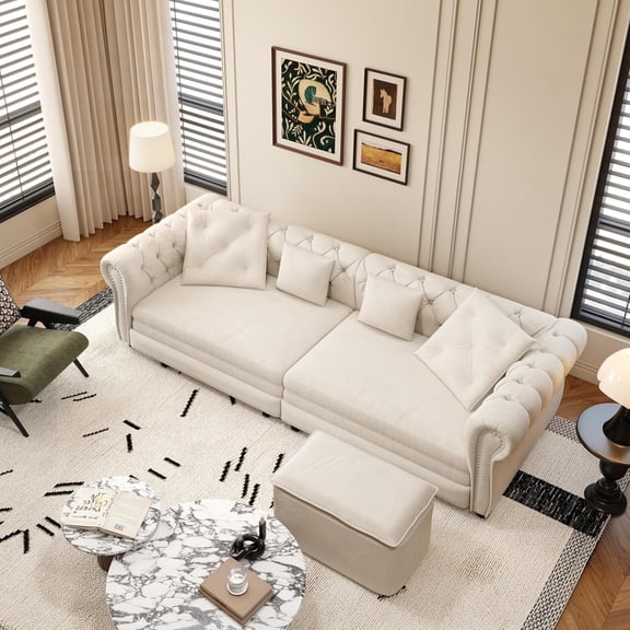Classic 3 Seaters Chesterfield Sofa with Ottoman and 4 Pillows, Button Tufted Leather Sofa and Couch with Roller Armrest