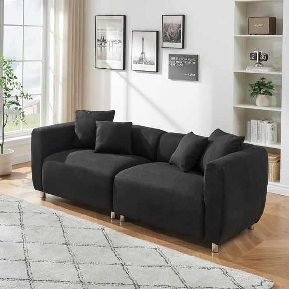 89 Inch Sofa for Living Room, Fashion Sofa with Metal Legs, 3 Seater Sofa, Solid Wood Frame Couch with 4 Pillows for Apartment Office Living Room (Black)
