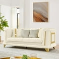 thumbnail image 1 of 89 Inches Velvet 3 Seater Luxury Sofa with Gold Stainless Steel Trims and Embroidered Texture, Mid Century Modern Victorian Tufted Couch for Living Room with 2 Fur & 2 Gold Strip Pillows (Beige), 1 of 11