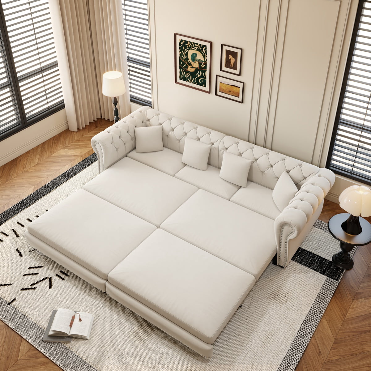 89" King Pull Out Sofa Bed, Velvet Chesterfield Sleeper Sofa Couch, 3 in 1 Convertible Tufted Futon Couches with Ottoman for Living Room, Small Space, Apartment, Office, Bedroom, Beige