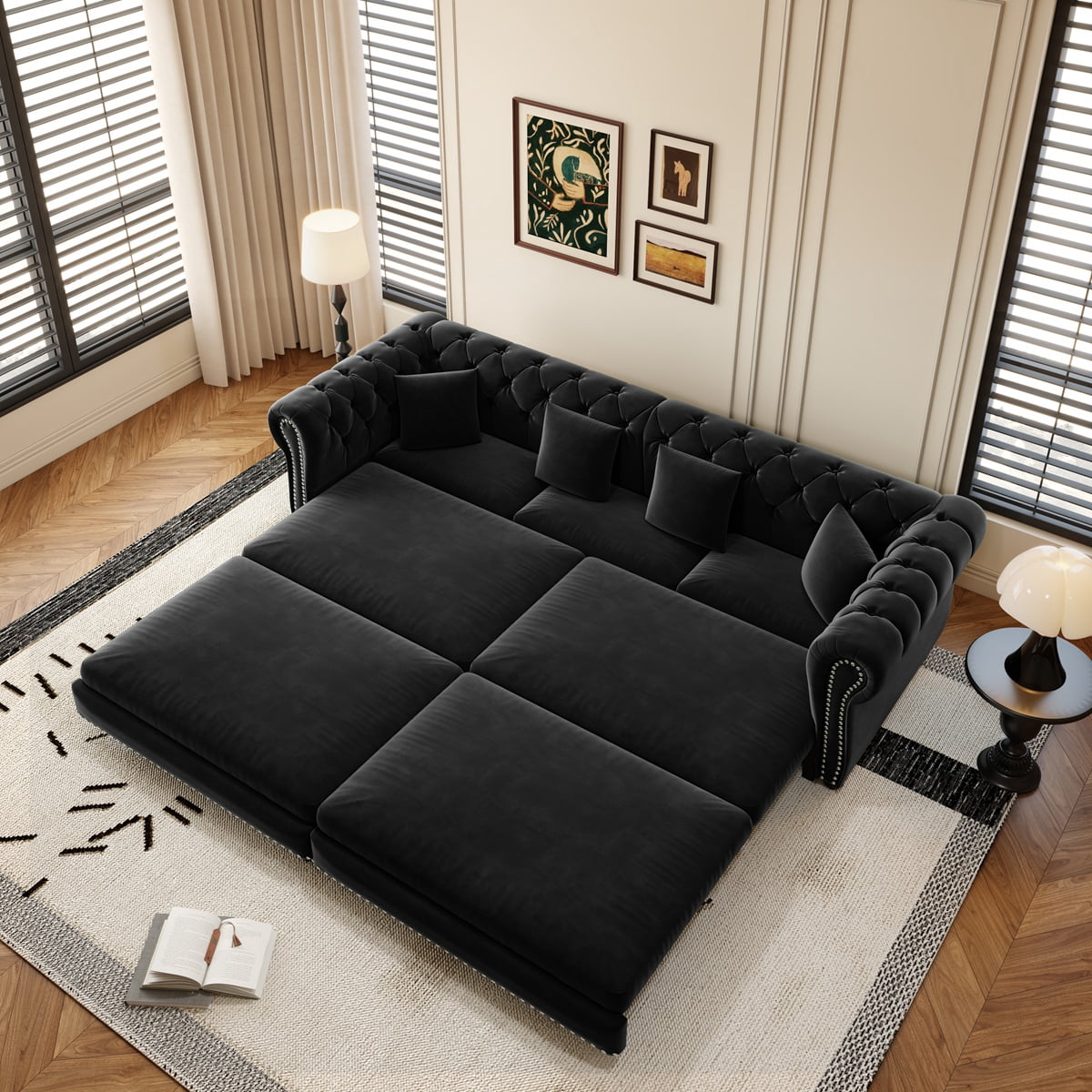 89" King Pull Out Sofa Bed, Velvet Chesterfield Sleeper Sofa Couch, 3 in 1 Convertible Tufted Futon Couches with Ottoman for Living Room, Small Space, Apartment, Office, Bedroom, Black