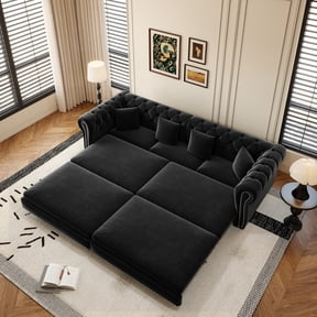89" King Pull Out Sofa Bed, Velvet Chesterfield Sleeper Sofa Couch, 3 in 1 Convertible Tufted Futon Couches with Ottoman for Living Room, Small Space, Apartment, Office, Bedroom, Black
