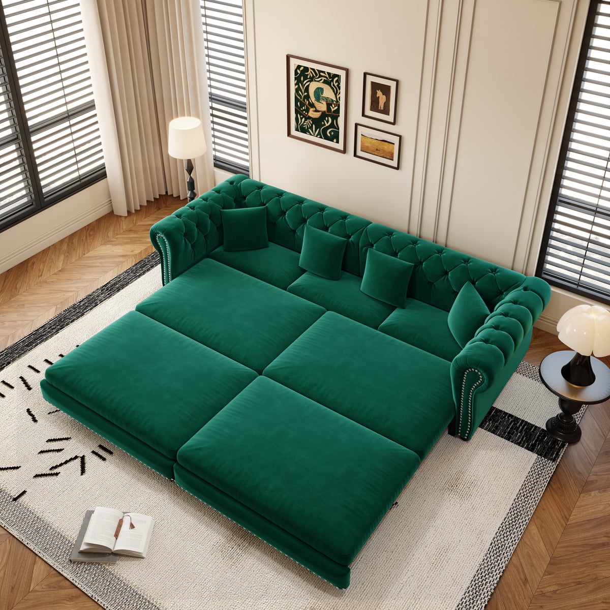 89" King Pull Out Sofa Bed, Velvet Chesterfield Sleeper Sofa Couch, 3 in 1 Convertible Tufted Futon Couches with Ottoman for Living Room, Small Space, Apartment, Office, Bedroom, Green