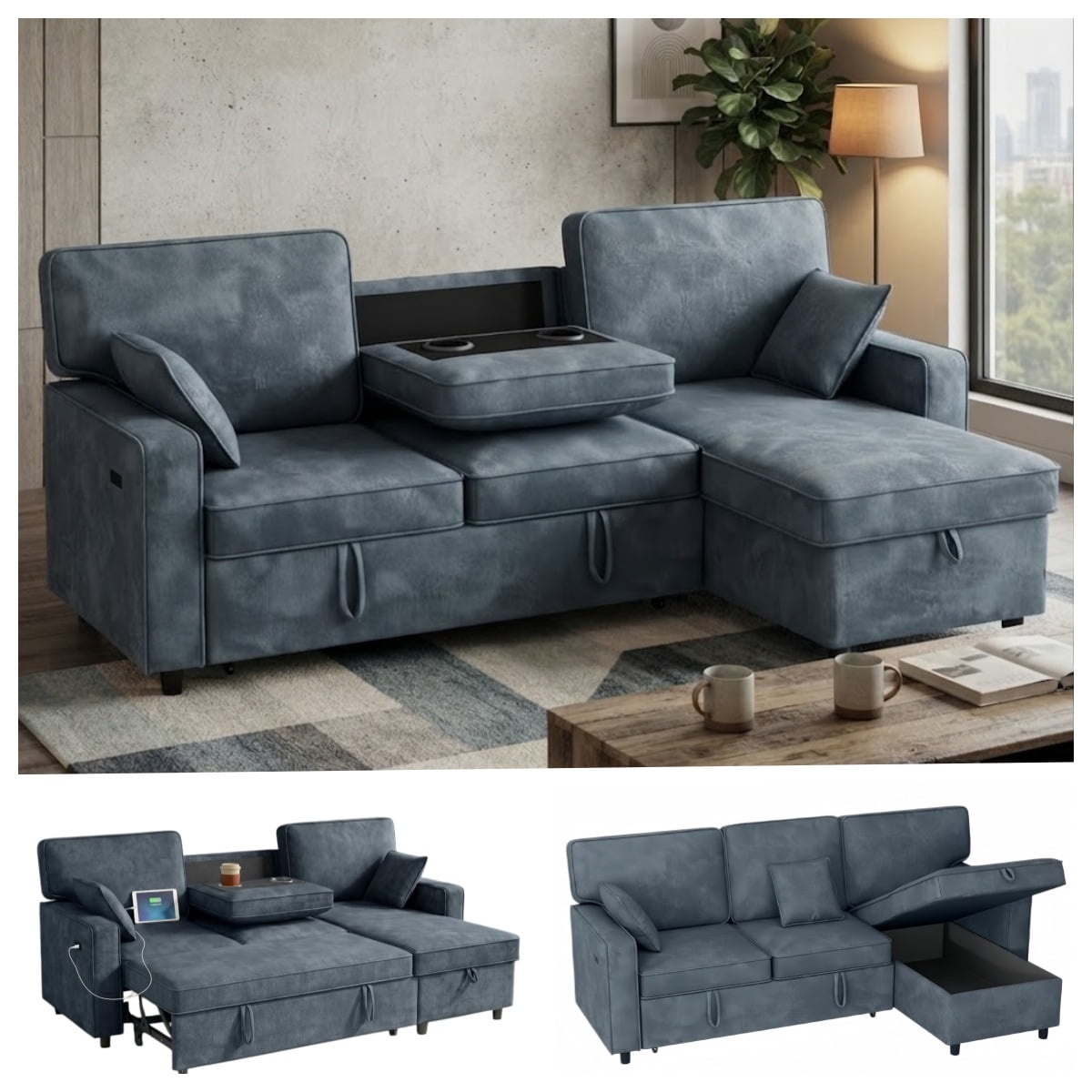 89" L-Shaped Sectional Sleeper Sofa, 3-Seater Pull-Out Couch with Flip-Down Center Console, Cup Holders, Charging Ports & Storage, Chenille Convertible Sofa Bed for Living Room, Apartment & Office