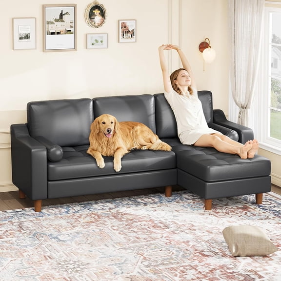 89" Leather Sofa with Convertible Chaise, Mid Century Modern L-Shape Couch with Deep Seat, Sectional Leather Couch for Living Room, Lounge, Black