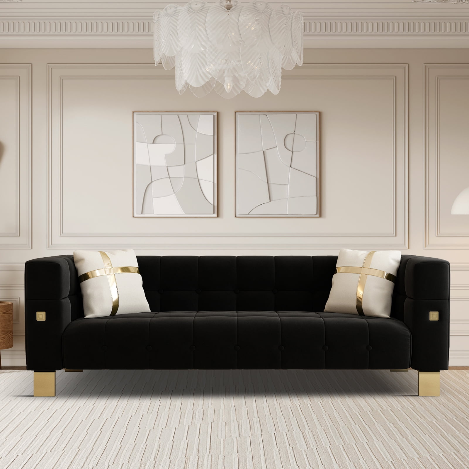 87.01 Velvet Channel Tufted 3 Seater Sofa with Pillows Black