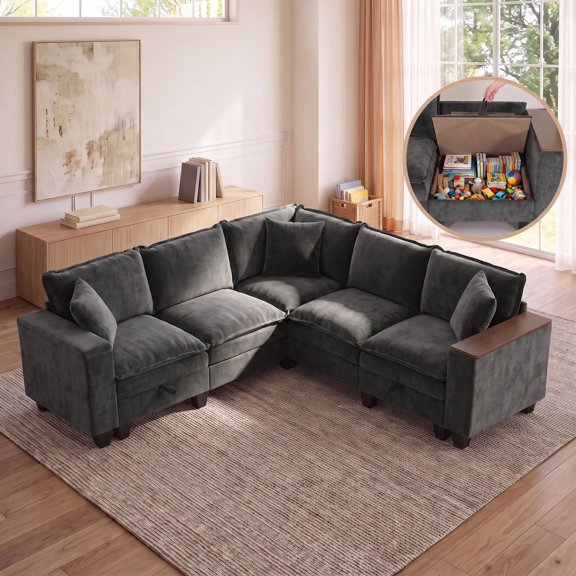 89" Modular Sectional Sofa 5 Seat, V Shaped Couch, Cloud Couch with storage,sectional couches for living room with Side Table,chenille,Grey