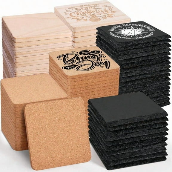 89 PCS Square Blank Coasters Bulk for Laser Engraving 4 Inch 100 Natural Black Slate Stone Wood Cork Engravable Materials for Engraver Gifts Crafts Wedding