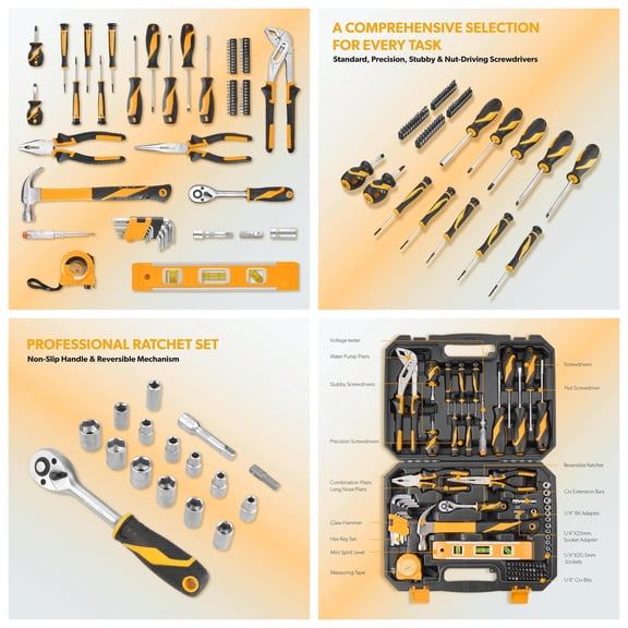 89-Piece Tool Set Household Tool Kit, Hammer, Screwdrivers, Drill Bits, Socket Wrench, Hex Key, Tape Measure, Plastic Toolbox Storage Case