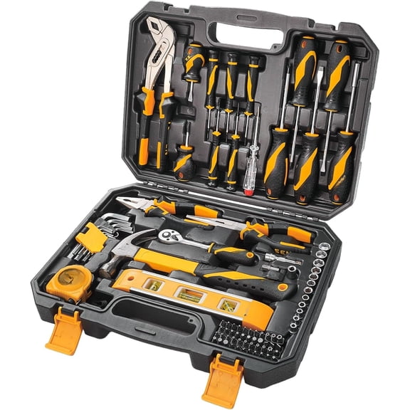 89-Piece Tool Set Household Tool Kit, Hammer, Screwdrivers, Drill Bits, Socket Wrench, Hex Key, Tape Measure, Plastic Toolbox Storage Case