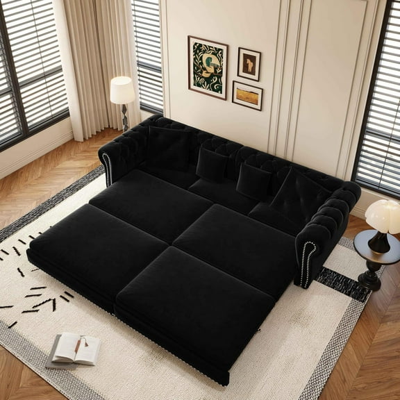 89'' Pull Out Sofa Bed King, Chesterfield Velvet Sleeper Sofa, Convertible L-Shaped Futon Couch, Tufted Back, 4 Pillows, Ottoman, Deep Seat Loveseat Couches for Apartment, Living Room, Black
