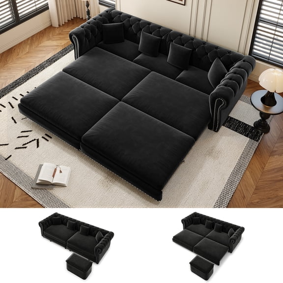 89'' Pull Out Sofa Bed King, Chesterfield Velvet Sleeper Sofa, Convertible L-Shaped Futon Couch, Tufted Back, 4 Pillows, Ottoman, Deep Seat Loveseat Couches for Apartment, Living Room, Black