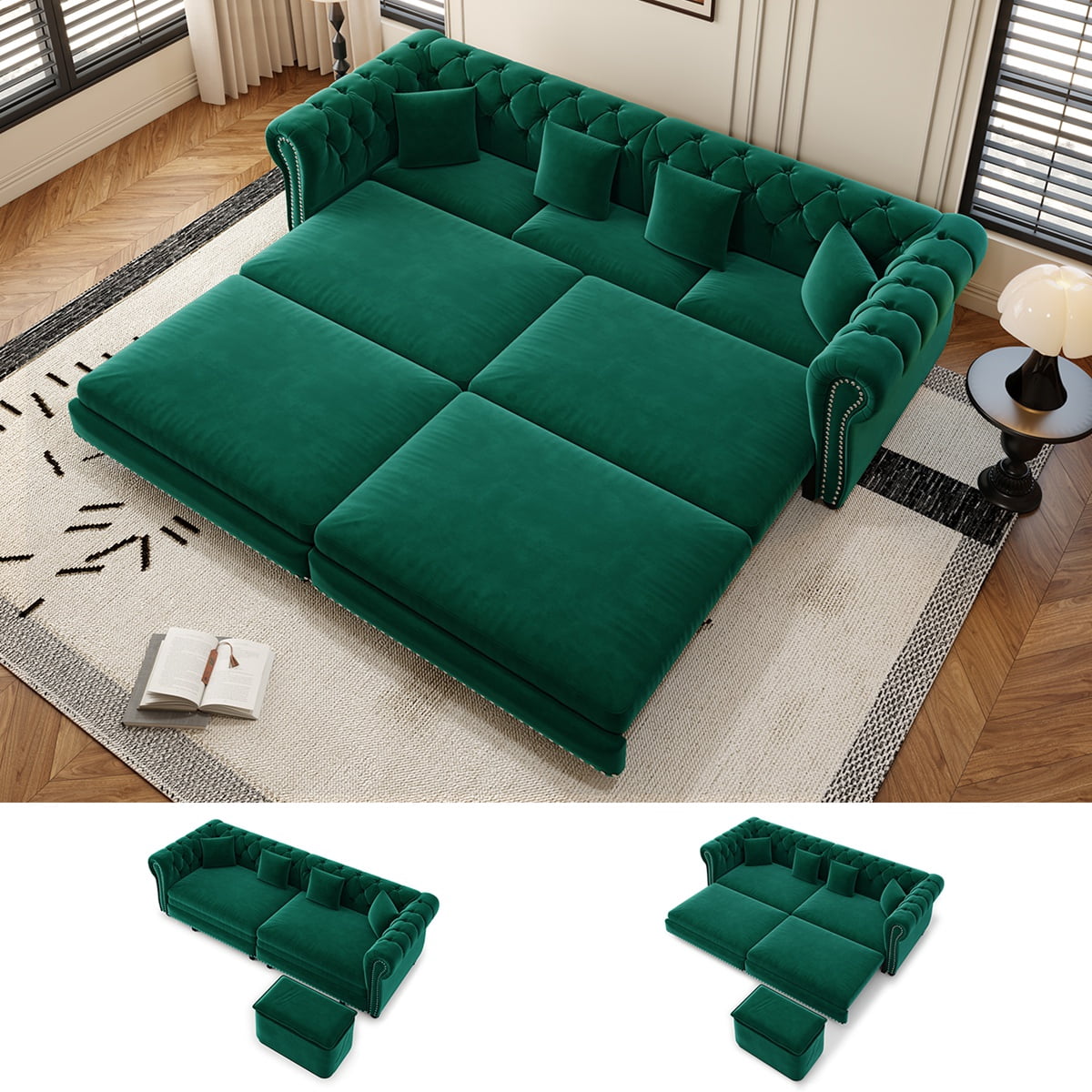 89'' Pull Out Sofa Bed King, Chesterfield Velvet Sleeper Sofa, Convertible L-Shaped Futon Couch, Tufted Back, 4 Pillows, Ottoman, Deep Seat Loveseat Couches for Living Room, Apartment, Green