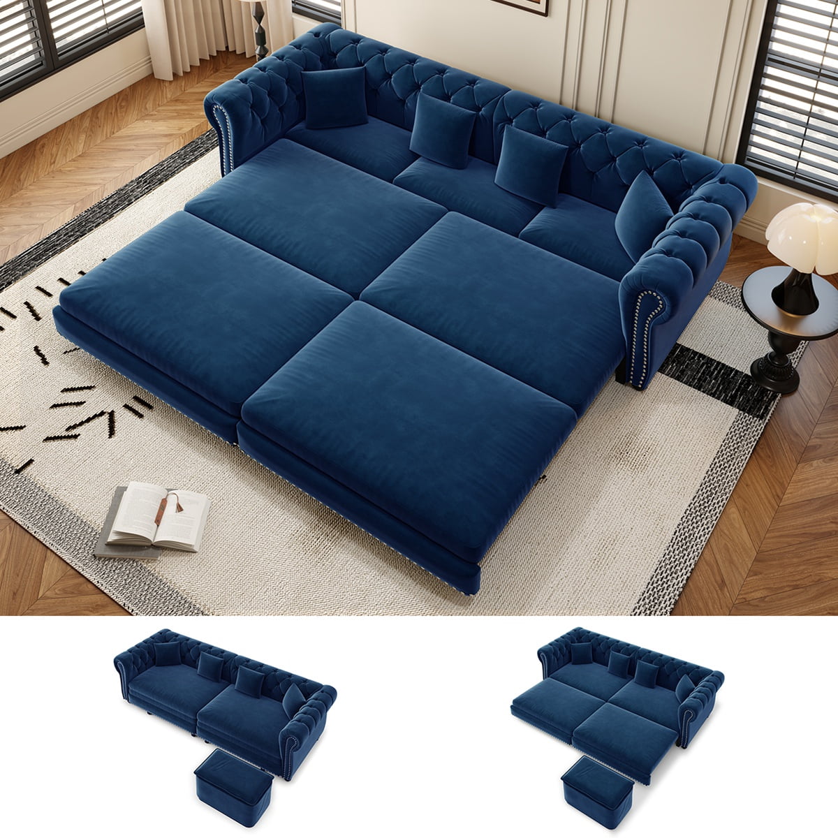 89'' Pull Out Sofa Bed King, Chesterfield Velvet Sleeper Sofa, Convertible L-Shaped Futon Couch, Tufted Back, 4 Pillows, Ottoman, Deep Seat Loveseat Couches for Living Room, Apartment, Blue