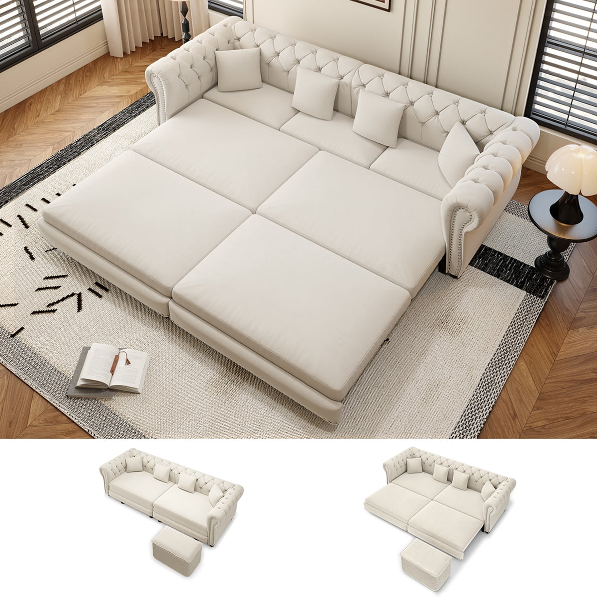 89'' Pull Out Sofa Bed King, Chesterfield Velvet Sleeper Sofa, Convertible L-Shaped Futon Couch, Tufted Back, 4 Pillows, Ottoman, Deep Seat Loveseat Couches for Living Room, Apartment, Beige