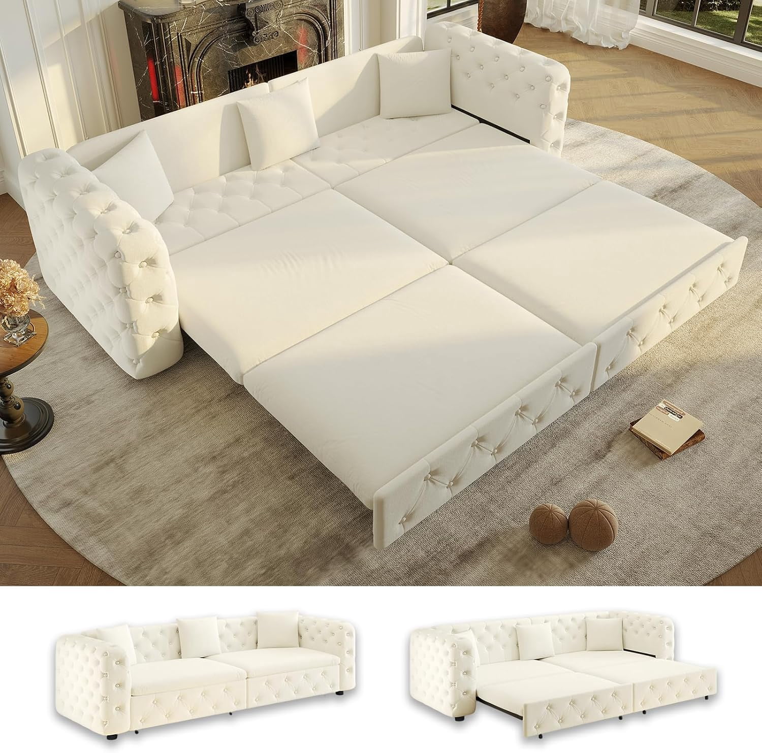 89" Pull Out Sofa Bed King Size, Velvet Chesterfield Sleeper Sofa Couch, 3 in 1 Convertible Recliner, Modern Tufted Deep Seat Couches for Living Room, Small Space, Apartment, Cream Beige