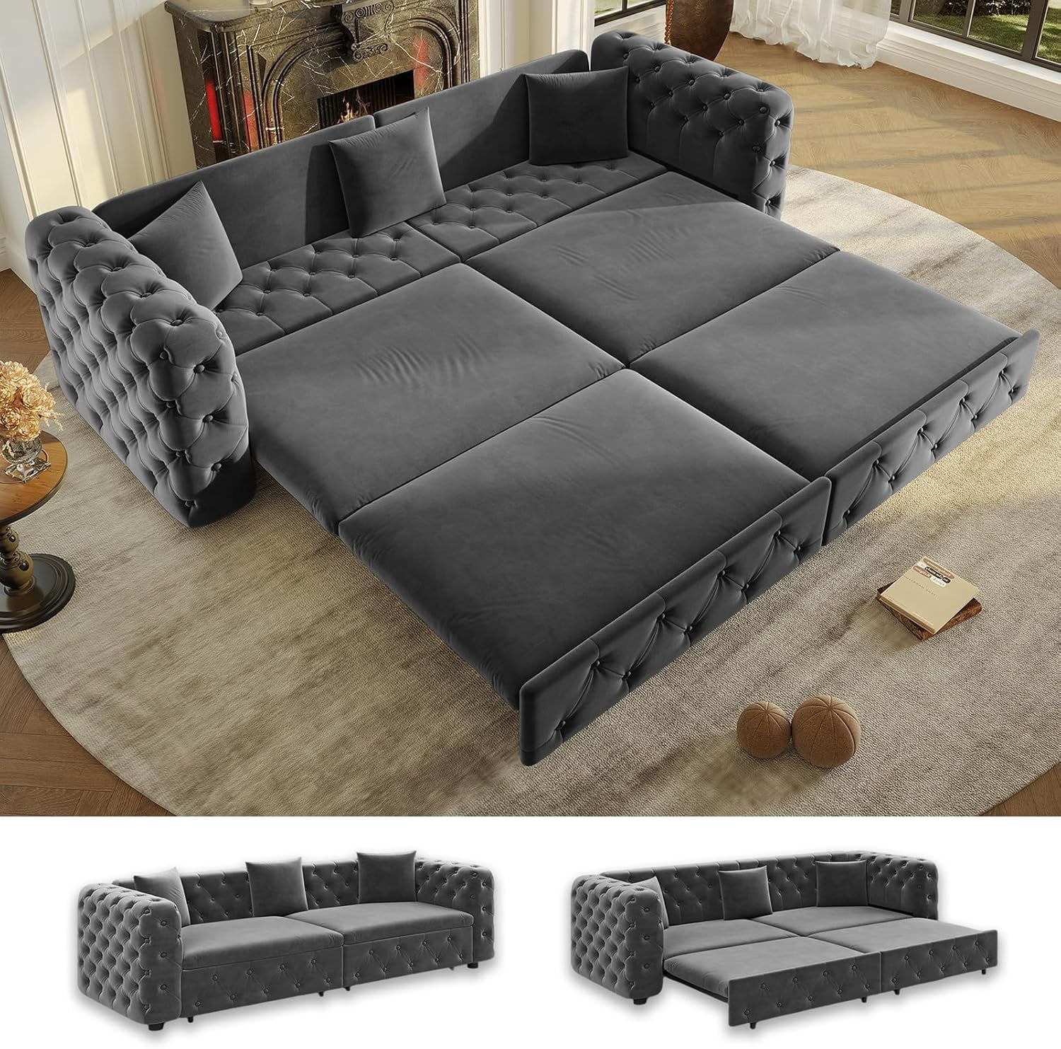 89" Pull Out Sofa Bed King Size, Velvet Chesterfield Sleeper Sofa Couch, 3 in 1 Convertible Recliner, Modern Tufted Deep Seat Couches for Living Room, Small Space, Apartment, Concrete Gray