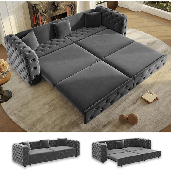 89" Pull Out Sofa Bed King Size, Velvet Chesterfield Sleeper Sofa Couch, 3 in 1 Convertible Recliner, Modern Tufted Deep Seat Couches for Living Room, Small Space, Apartment, Concrete Gray