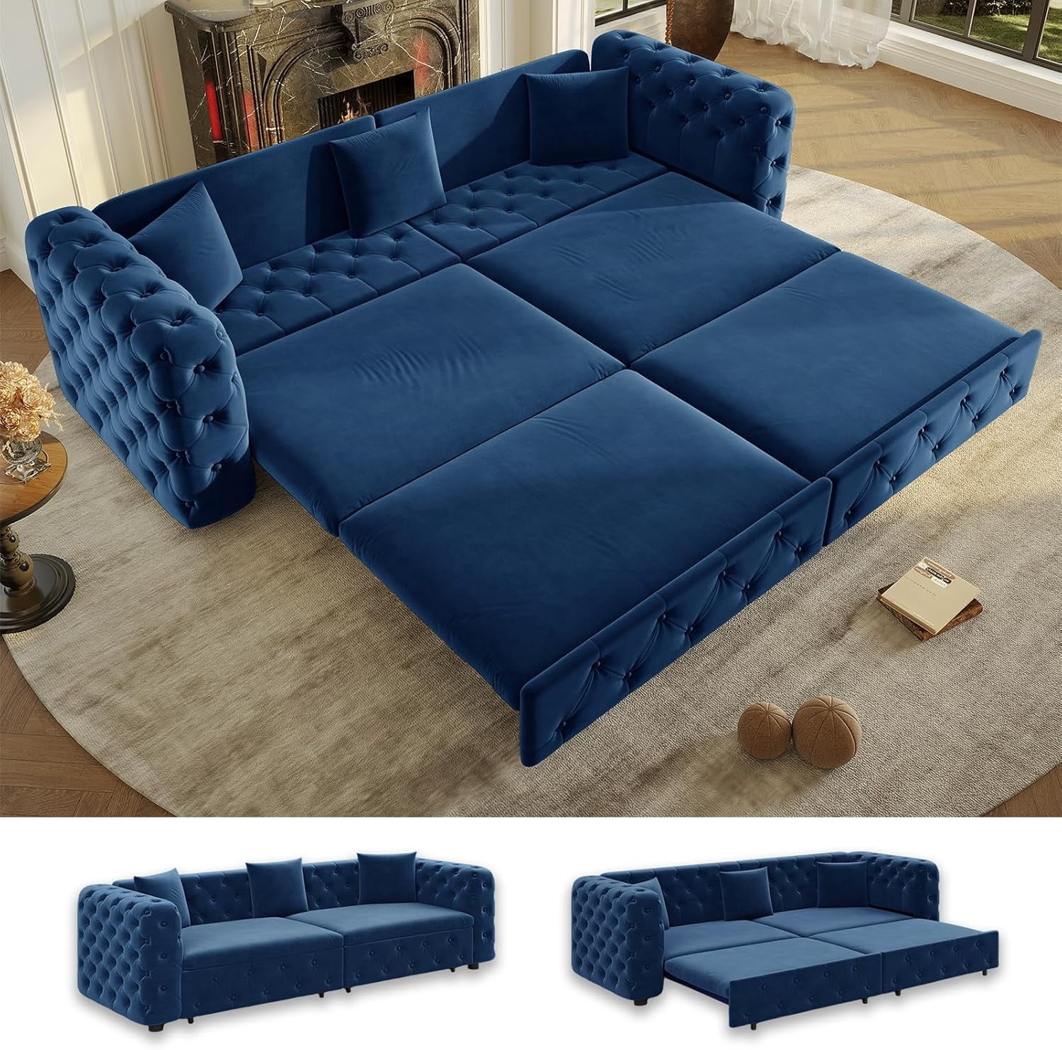 89" Pull Out Sofa Bed King Size, Velvet Chesterfield Sleeper Sofa Couch, 3 in 1 Convertible Recliner, Modern Tufted Deep Seat Couches for Living Room, Small Space, Apartment, Midnight Blue