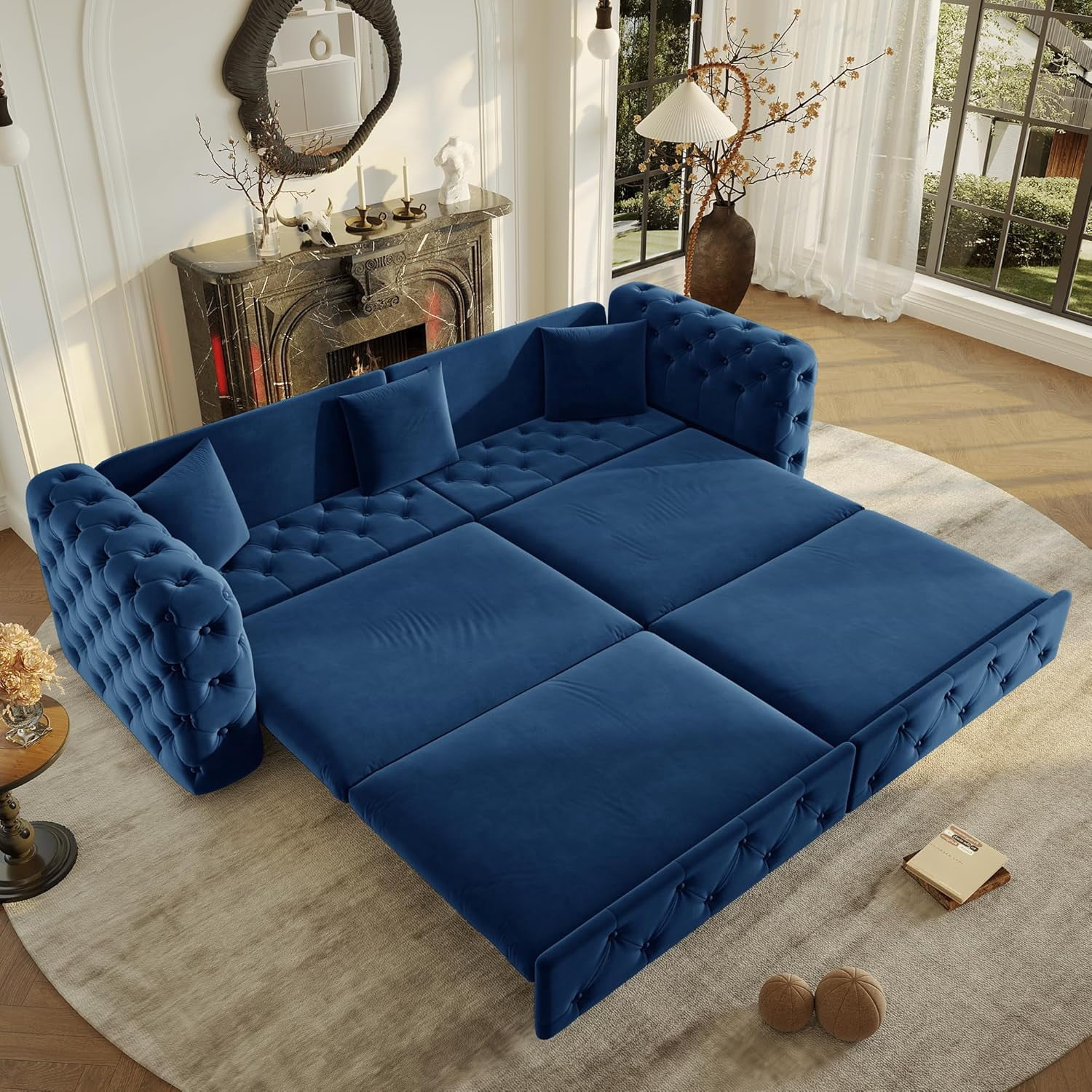 89" Sofa Bed King Size, Velvet Chesterfield Sofa, 3-in-1 Convertible Loveseat Sleeper, Pull Out Couch with Tufted, 3 Pillows, Cloud Couches for Apartment, Living Room, Small Spaces, Blue