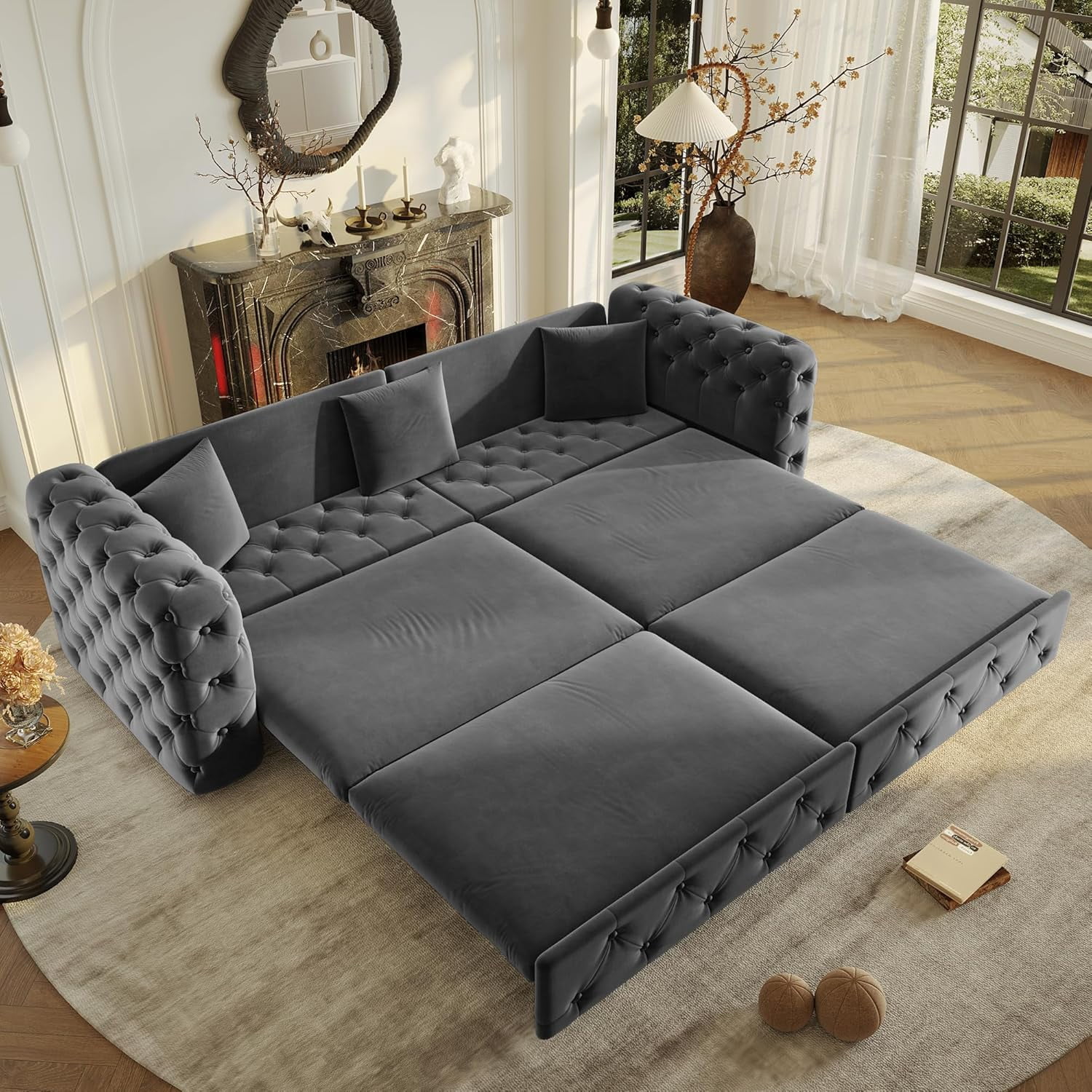 89" Sofa Bed King Size, Velvet Chesterfield Sofa, 3-in-1 Convertible Loveseat Sleeper, Pull Out Couch with Tufted, 3 Pillows, Cloud Couches for Apartment, Living Room, Small Spaces, Gray