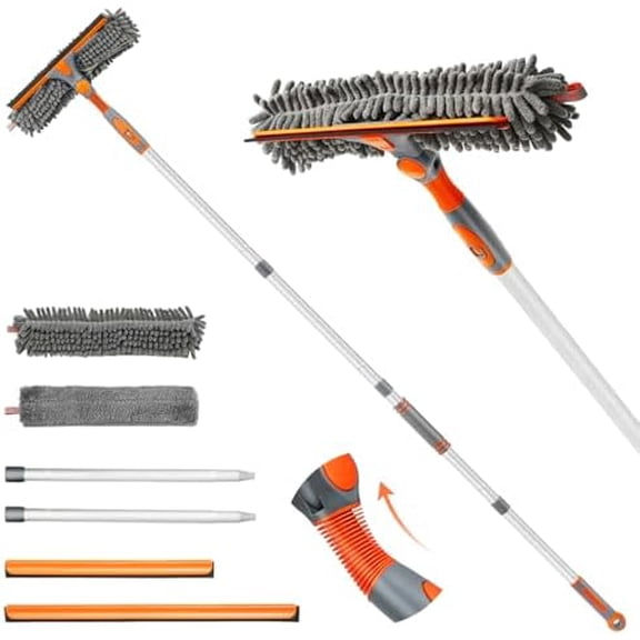 89'' Squeegee Window Cleaner 2 in 1 Rotatable Window Cleaning Tool Kit with Extension Pole, Window Washing Equipment with Bendable Head for Indoor/Outdoor Window and Car Glass