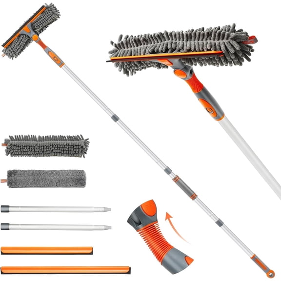 89'' Squeegee Window Cleaner 2 in 1 Rotatable Window Cleaning Tool Kit with Extension Pole, Window Washing Equipment with Bendable Head for Indoor/Outdoor Window and Car Glass
