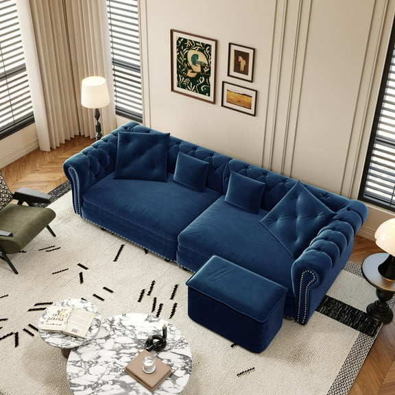 89" W 3-in-1 Pull-Out King Size Sofa Bed, Convertible Velvet Sleeper Couch with Chaise Lounge and Movable Ottoman, Tufted Upholstered 3-Seater Sofa for Living Room, Apartment, or Bedroom, Blue